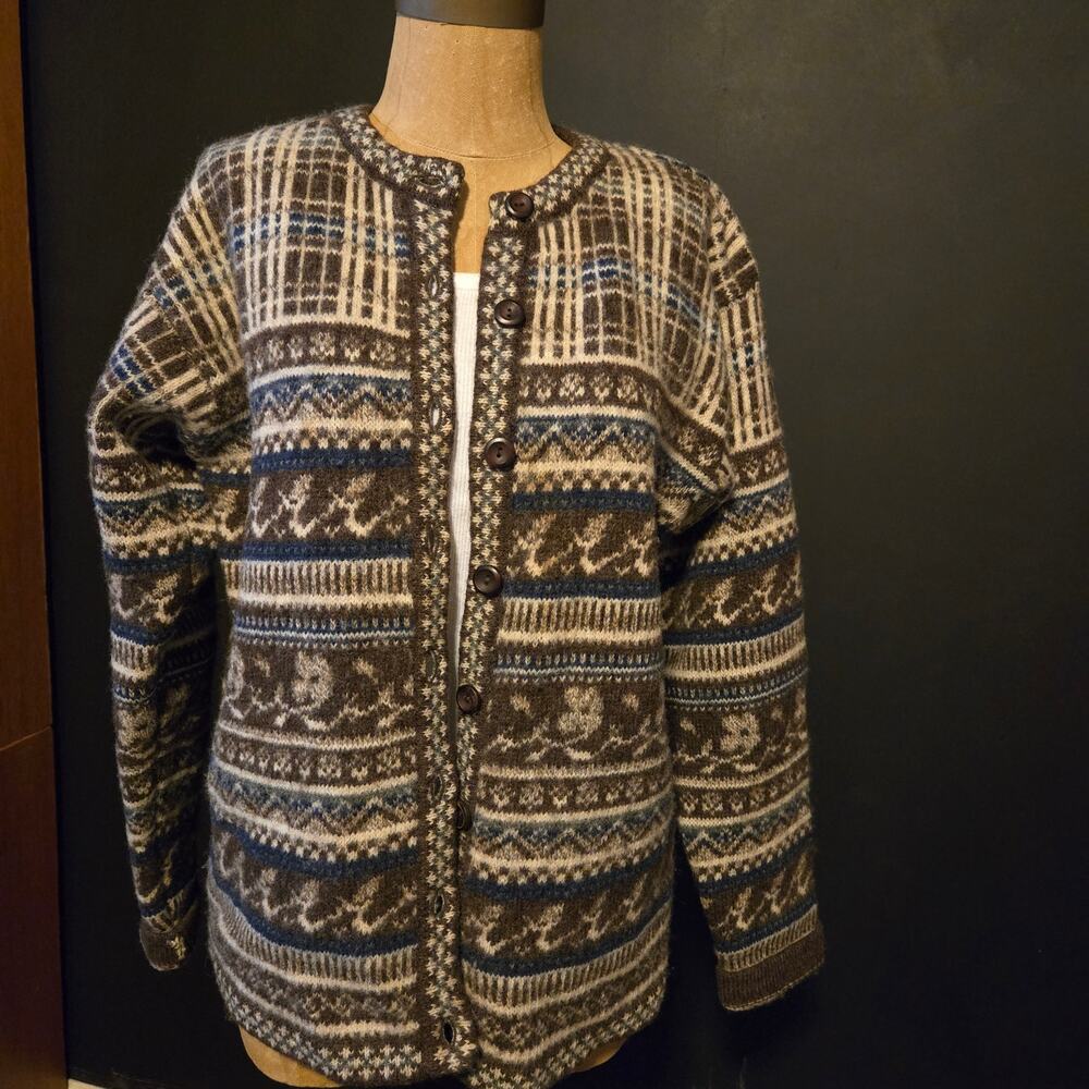 vintage Crystal Kobe Shetland wool multi-pattern cardigan sweater in medium